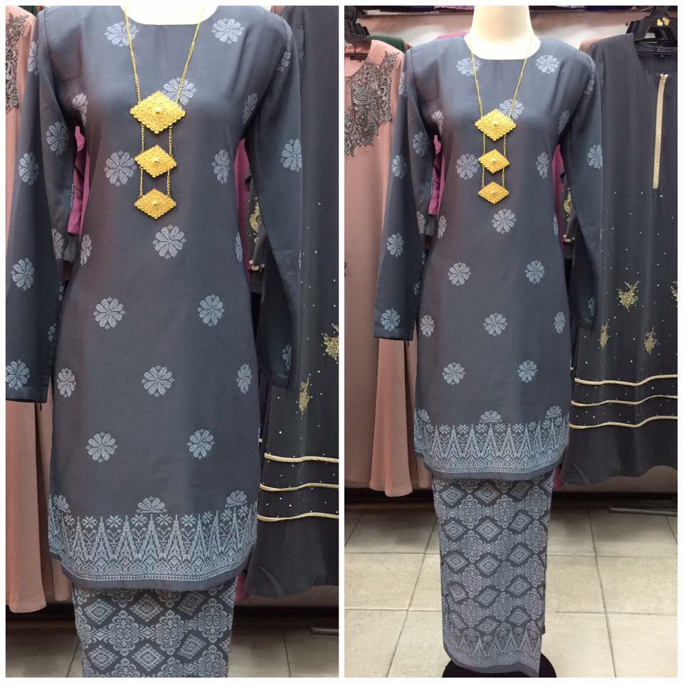 RESTOK Baju Kurung Corak Songket Bunga Tabur Warna Kelabu